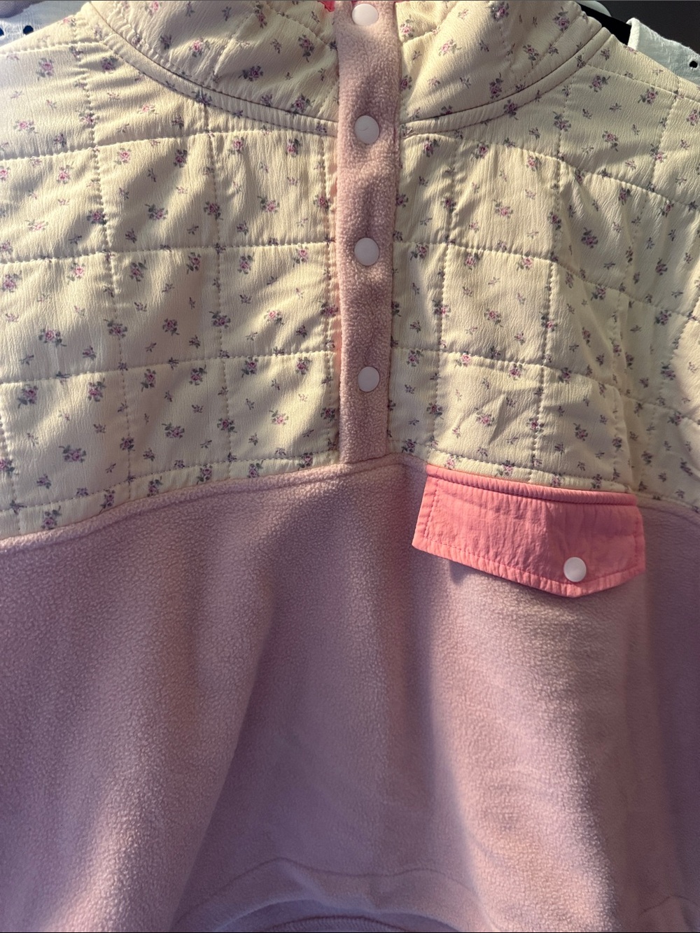 Women's Pink Quilted Floral-Panel Fleece Pullover Jacket